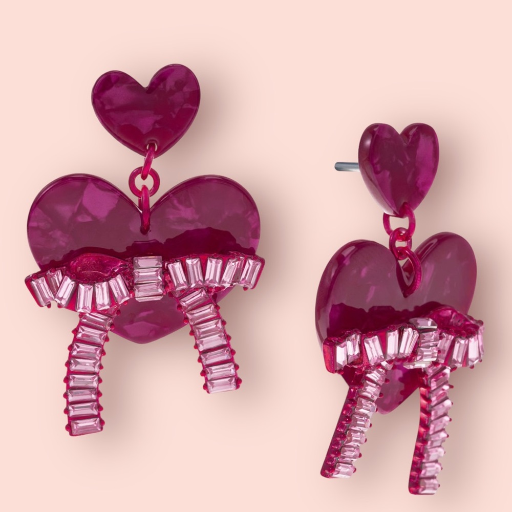 Fuchsia-Tone Baguette Stone Bow Heart Earrings. Perfect for Valentine’s day